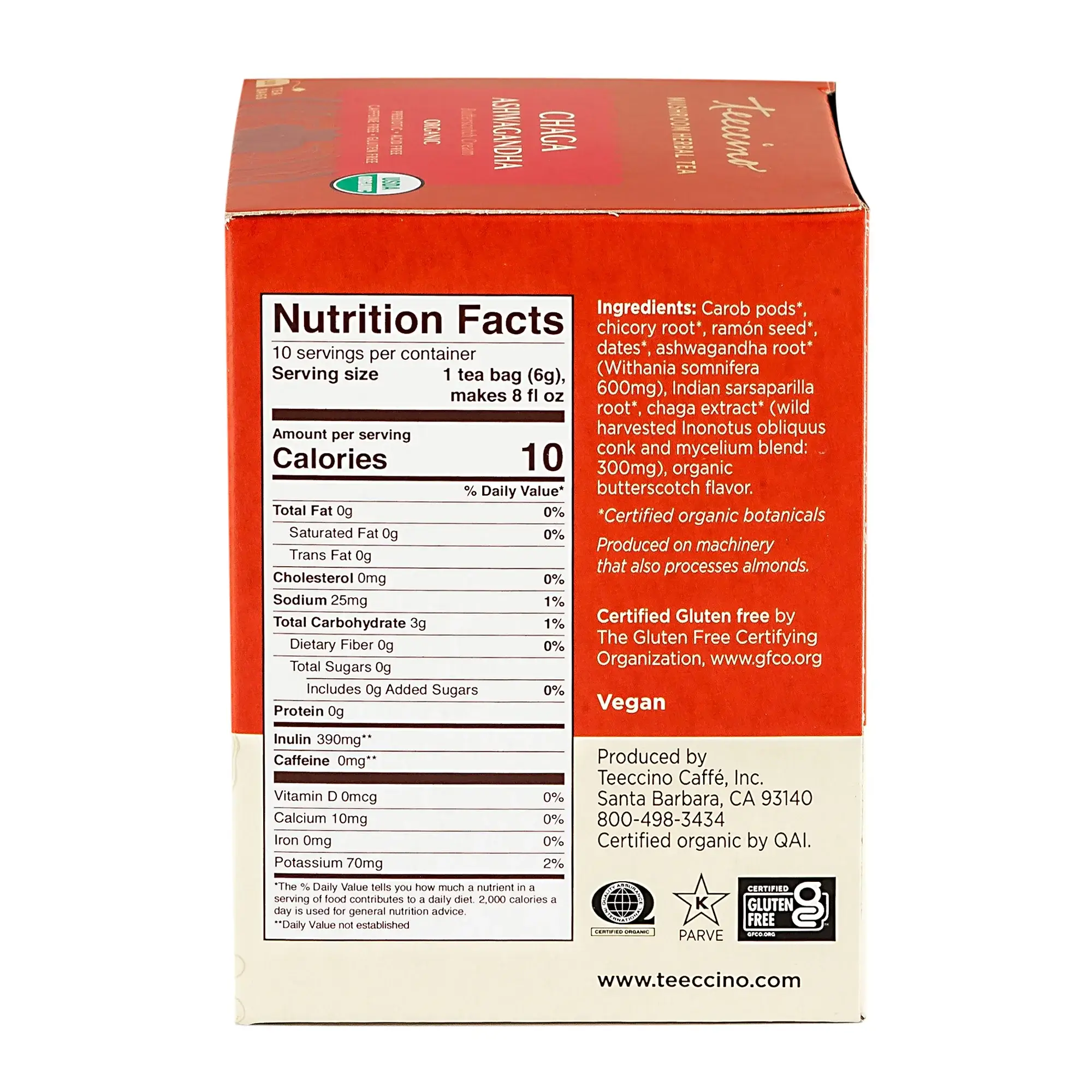 Teeccino - Wholesale Health/Detox Tea - Chaga Ashwagandha Organic Mushroom Tea Caffeine Free 10ct1