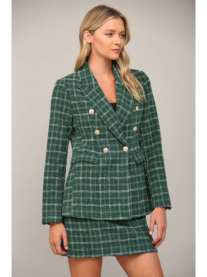 GREEN LUREX MIXED TWEED DOUBLE BREATED BLAZER FJ70076 for wholesale on Faire
