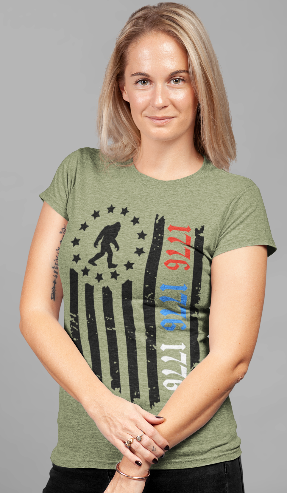 Squatchin’ Country - Wholesale T-Shirt (Graphic) - Unisex - Patriotic 1776 Bigfoot flag shirt - heather military green4