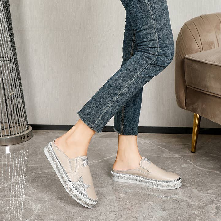 LAV-iSH - Wholesale Slides – Women’s - Leather Star Beige Slides1