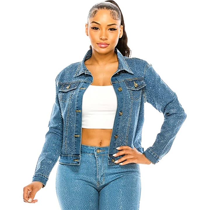 Diacly - Wholesale Denim Jacket - Women's - Bling Chip Rhinestone Attached Denim Jacket
