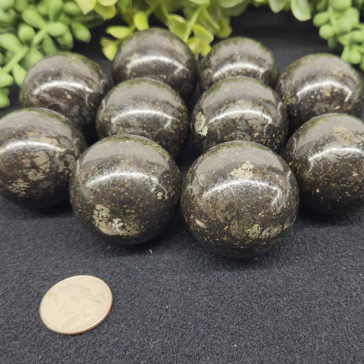 Meraki Gemstones - Wholesale Spiritual Stone/Crystal - Nuummite Spheres - 40mm (Approx. 1 Pound Bag)