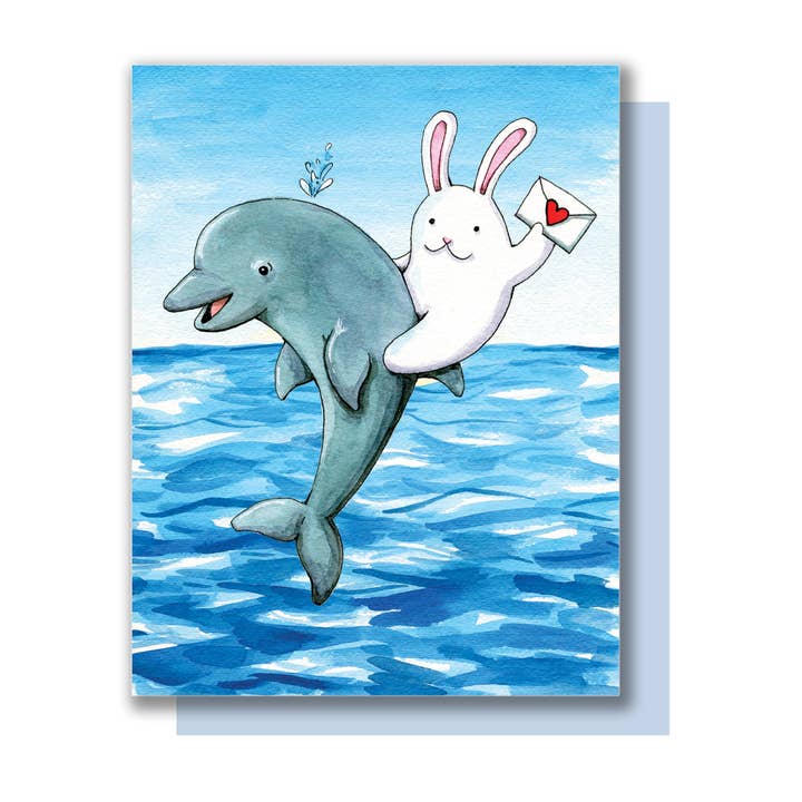 Bunny Riding Dolphin Blank Card for wholesale by Paper Wilderness