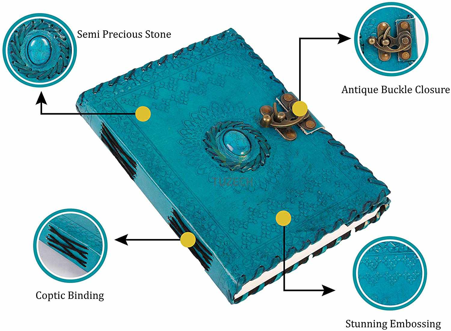 Tuzech Leather - Wholesale Journal/Diary - TUZECH Handmade Office Home Daily Use, Poem Writing Beautiful Pure Leather Luck Stone Bound Journal/Diary with C-Lock for Men and Women 8 Inches4