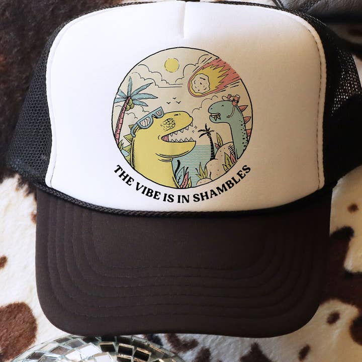 The Vibe Is In Shambles Funny Dinosaur Trucker Hat for wholesale by Sister Ray