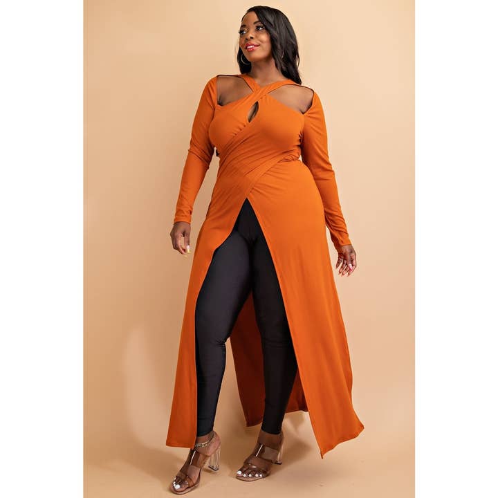 Curve Market - Wholesale Tunic - Women's - PLUS SIZE CRISS CROSS KEYHOLE CUT OUT LONG SLEEVE MAXI TOP