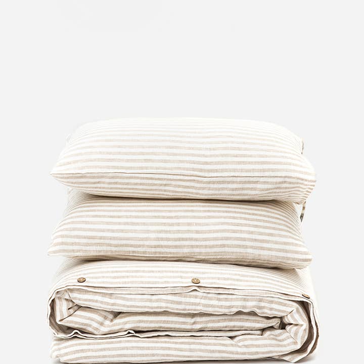 MagicLinen (We handle U.S. import procedures for you) - Vendita all'ingrosso Set di lenzuola - Set copripiumino a righe colore naturale in lino (3 pezzi)3