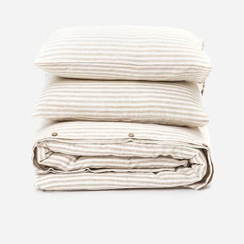 Beige striped linen bedding set