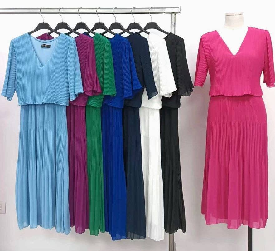 Kurt Muller – wholesale Dress – Women's – Plain Plisse Pleated Layered Maxi Dress5