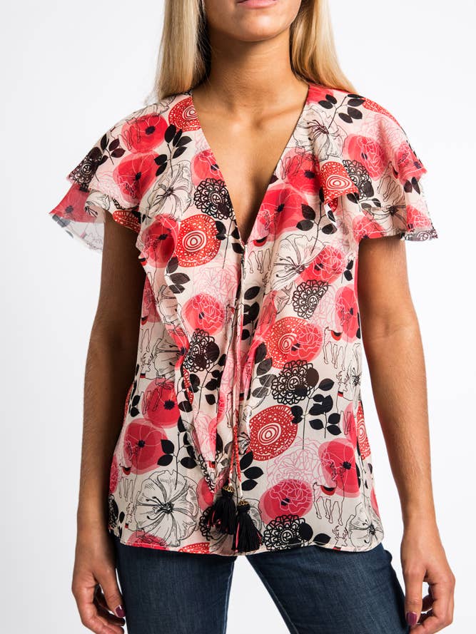 Blusa de chifón con estampado de volantes para venta al por mayor de ANT WOMAN COLLECTION