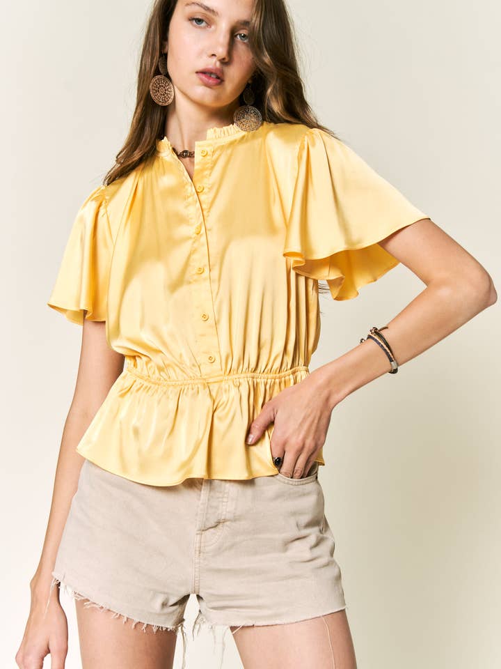 Ruffle detail collar button down blouse for wholesale by Petal Dew