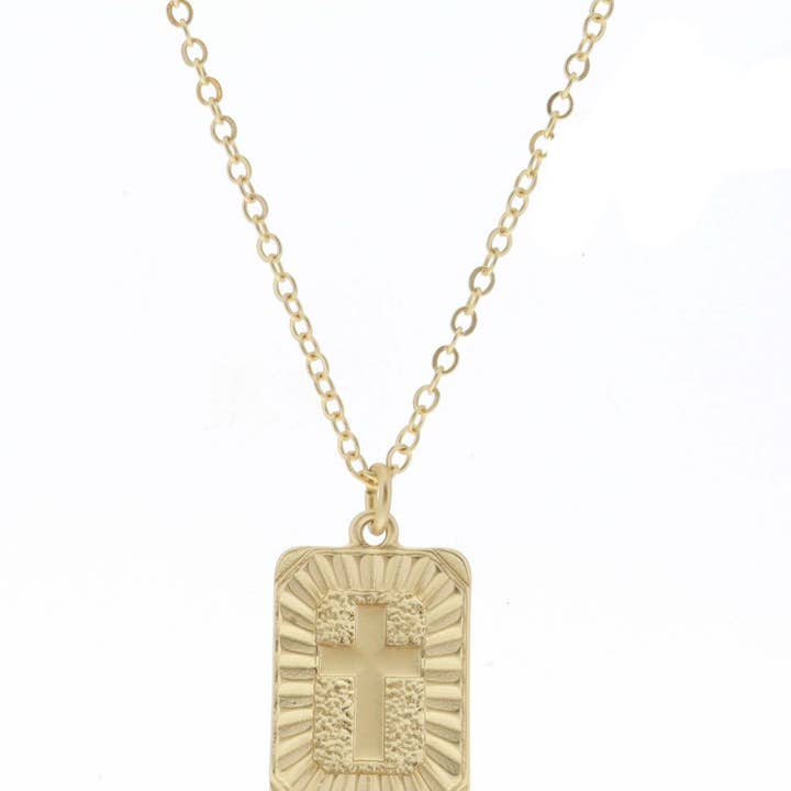 Gold Textured Rectangle with Cross Center Necklace for wholesale by Jane Marie