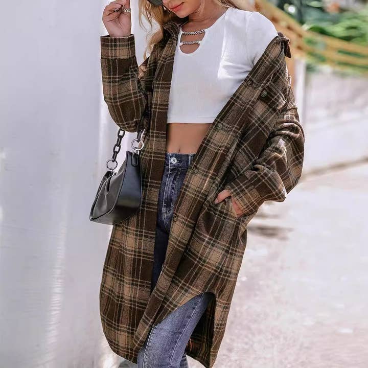 Coffee color Woolen Plaid Lapel Loose Coat for Women for wholesale on Faire6