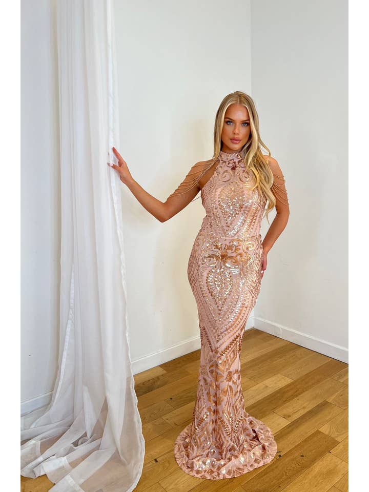 Nazz Collection Clothing Ltd - Wholesale Gown – Women's - Starstruck Gold High Neck Luxe Beaded Shoulder Sequin Maxi2