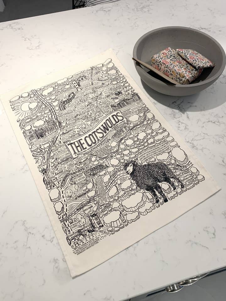 Cotswolds heavy cotton tea towel with hand-drawn map for wholesale by James Illustrates