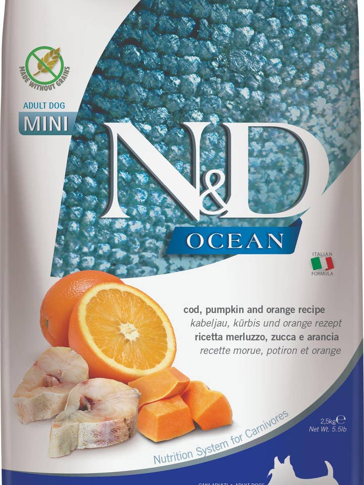 N&D Ocean Torsk med Græskar Voksen Mini 2,5 kg. for engroshandel hos Finest Petfoods