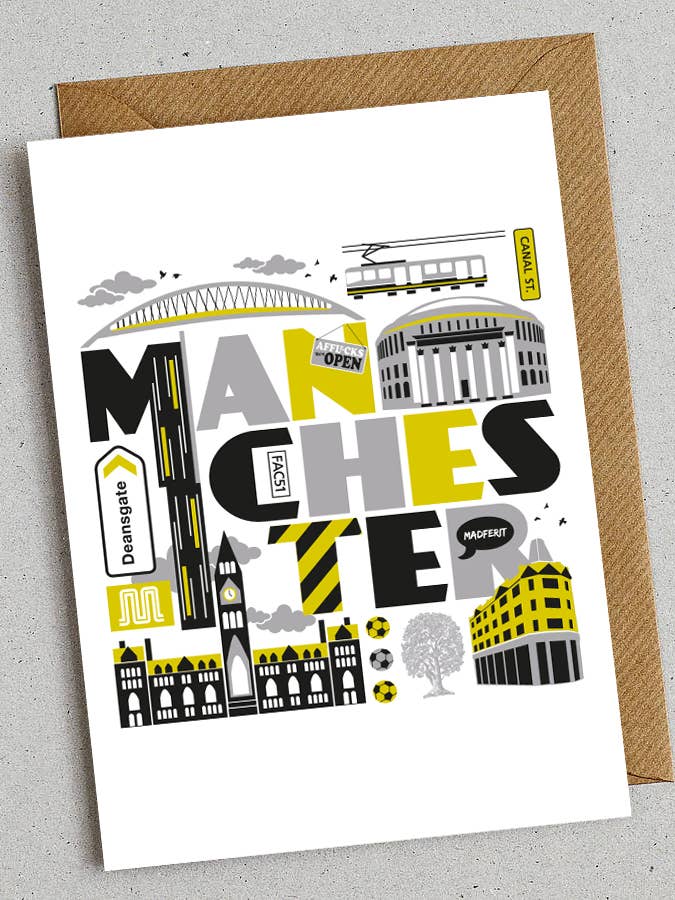Biglietto di auguri Manchester per la vendita all'ingrosso da parte di Susan Taylor Design