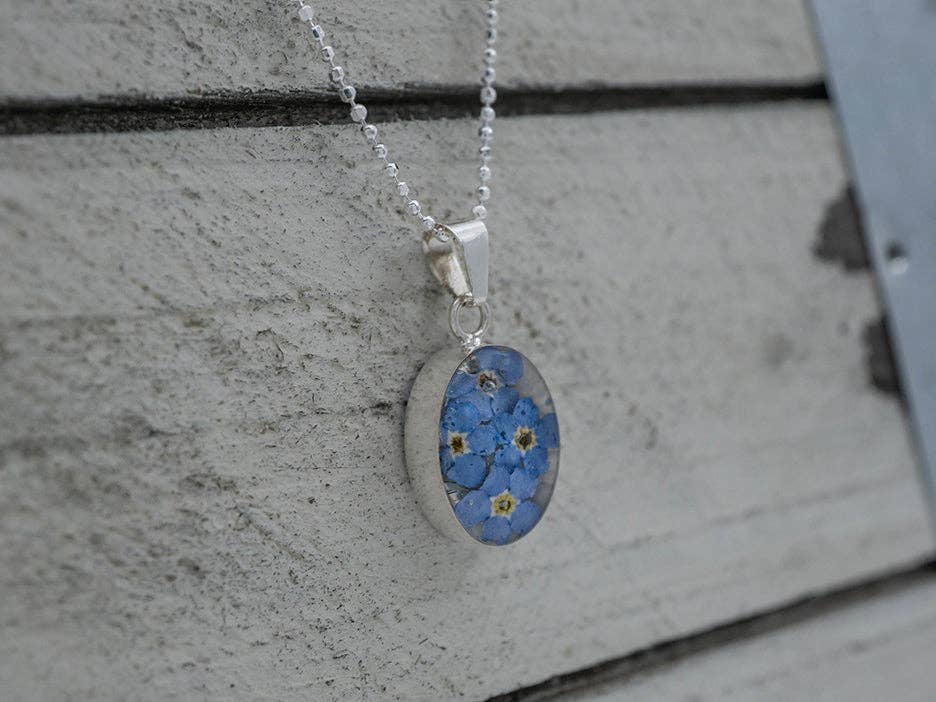 Blue Primavera Forget Me Not Necklace, Small Oval for wholesale on Faire1