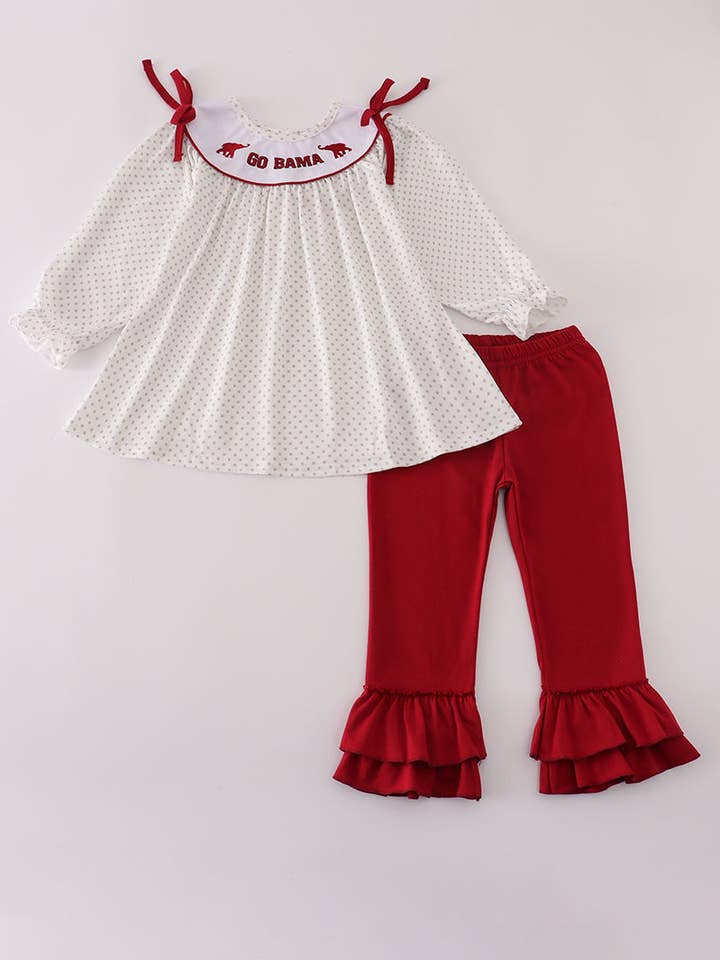Maroon Alabama embroidery dot ruffle pants set for wholesale by Aspen Rain Boutique