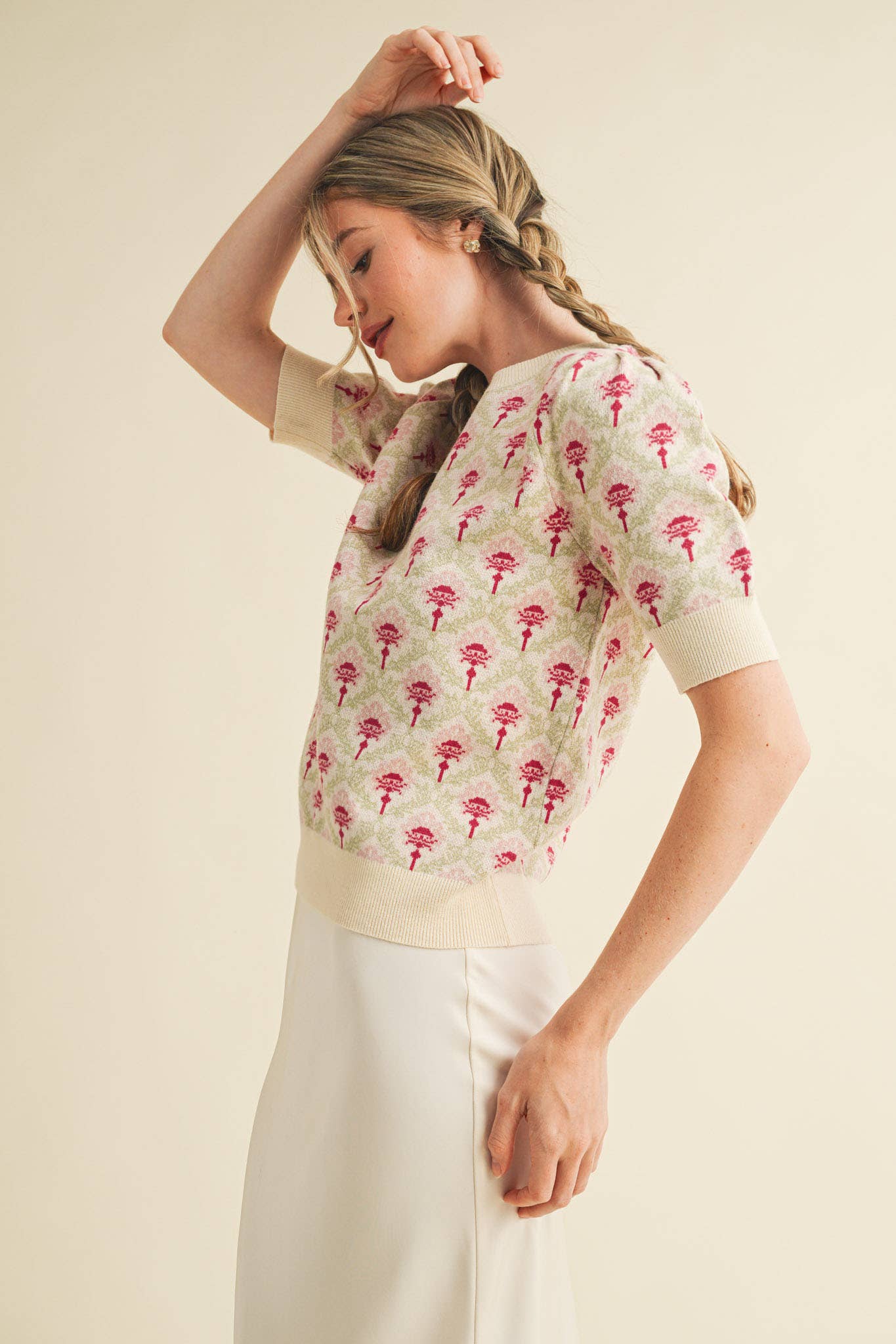 &MERCI - Wholesale Knit Sweater - Women's - FLORAL PATTERN SHORT SLEEVE SWEATER MSW1086030