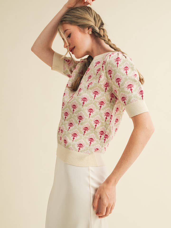 &MERCI - Wholesale Knit Sweater - Women's - FLORAL PATTERN SHORT SLEEVE SWEATER MSW1086030