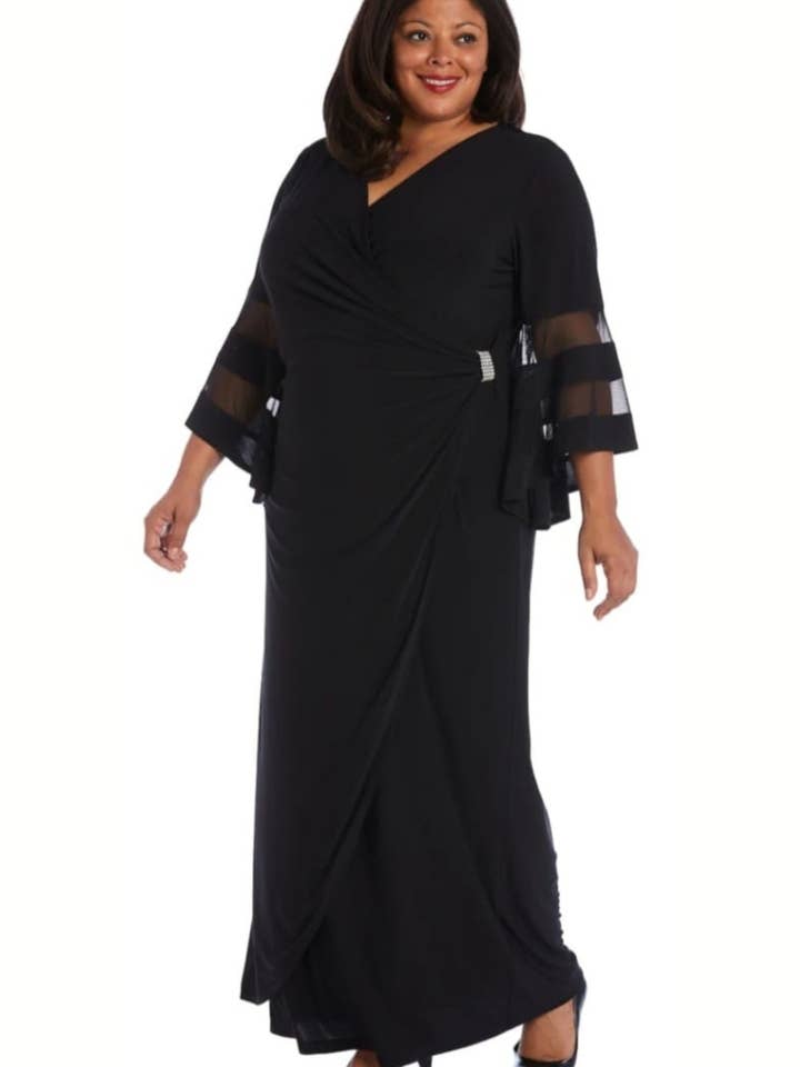 RM Richards Sheer Trim Bell Sleeve Evening Dress for wholesale by New Yorker's Apparel