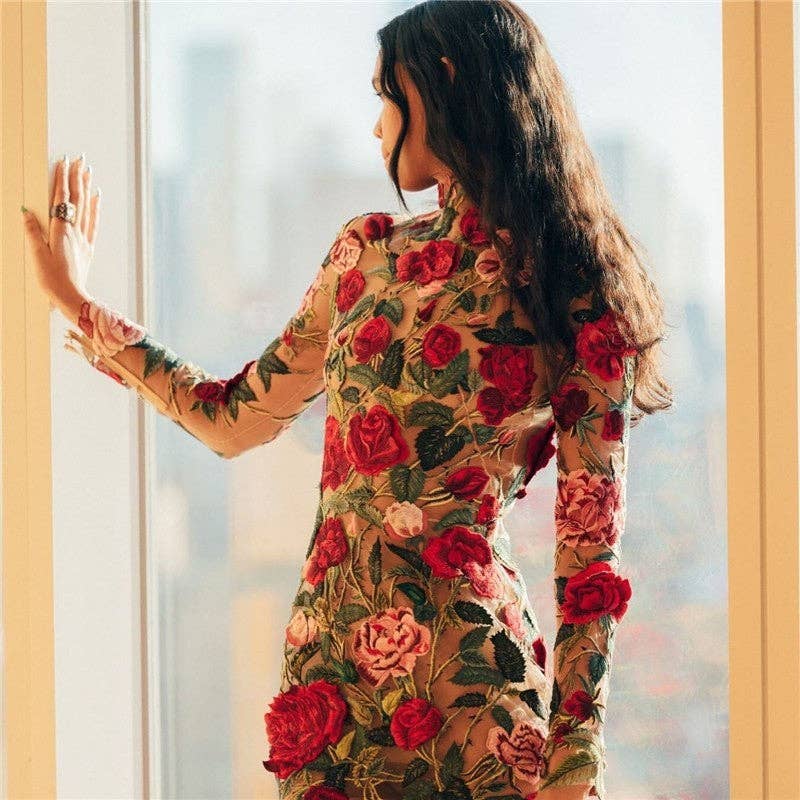 FurDecoration - Wholesale Dress - Women's - Mock Neck Peony Embroidered Bodycon Dress3