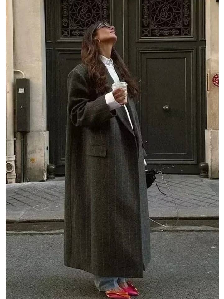 Black Pinstripe Long Woolen Coat - Elegant and Minimalist for wholesale on Faire
