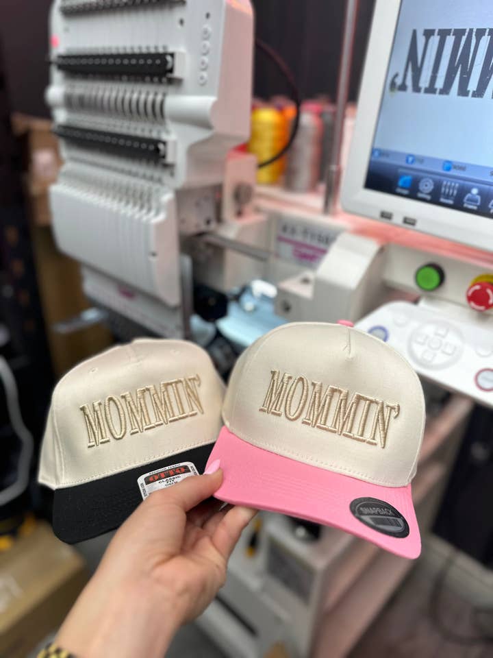Mommin’ puff embroidered trucker hat for wholesale by Burnt By Bray LLC