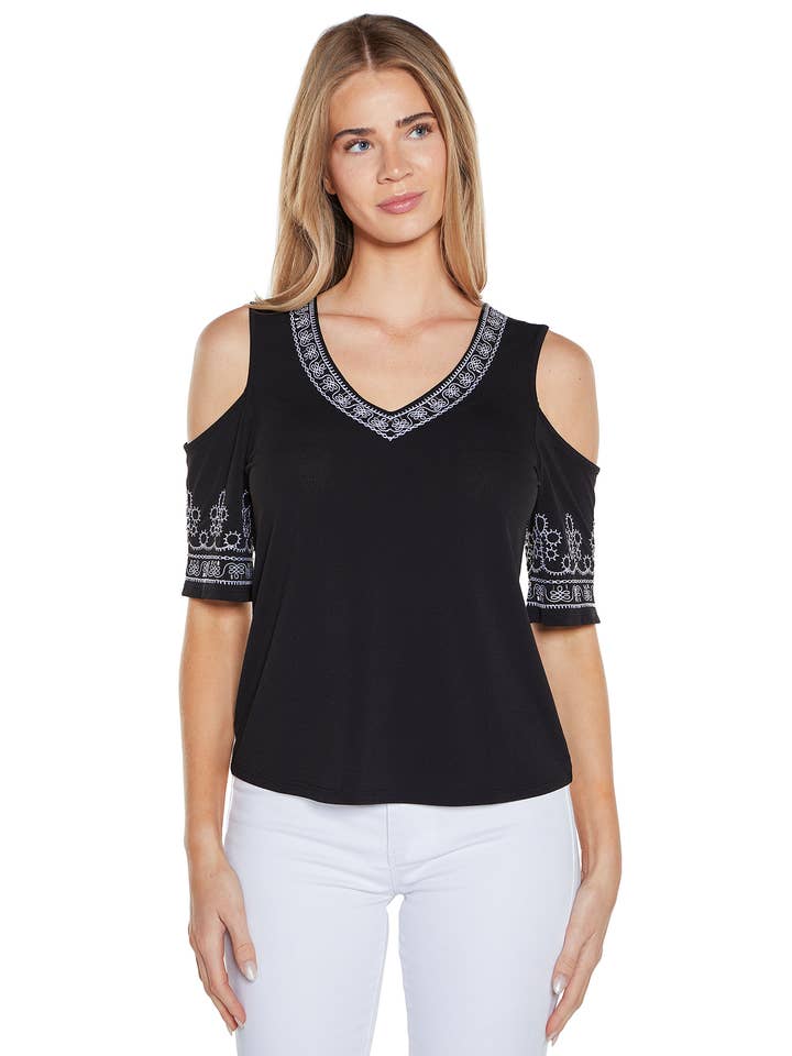 Haut en maille à épaules dénudées brodé pour femme pour la vente par Belldini