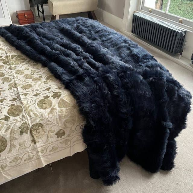 Tuscan Shearling Throw | Fur Blanket | Sheepskin Rug | Midnight Blue for wholesale by Wildash London