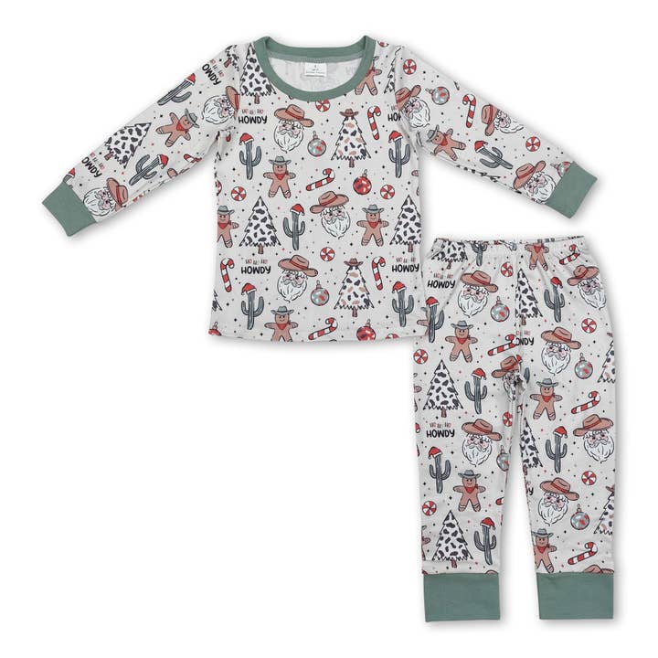 Yawoo Garments - Wholesale Sleepwear Set - Kids - Santa candy cane cactus kids western Christmas pajamas