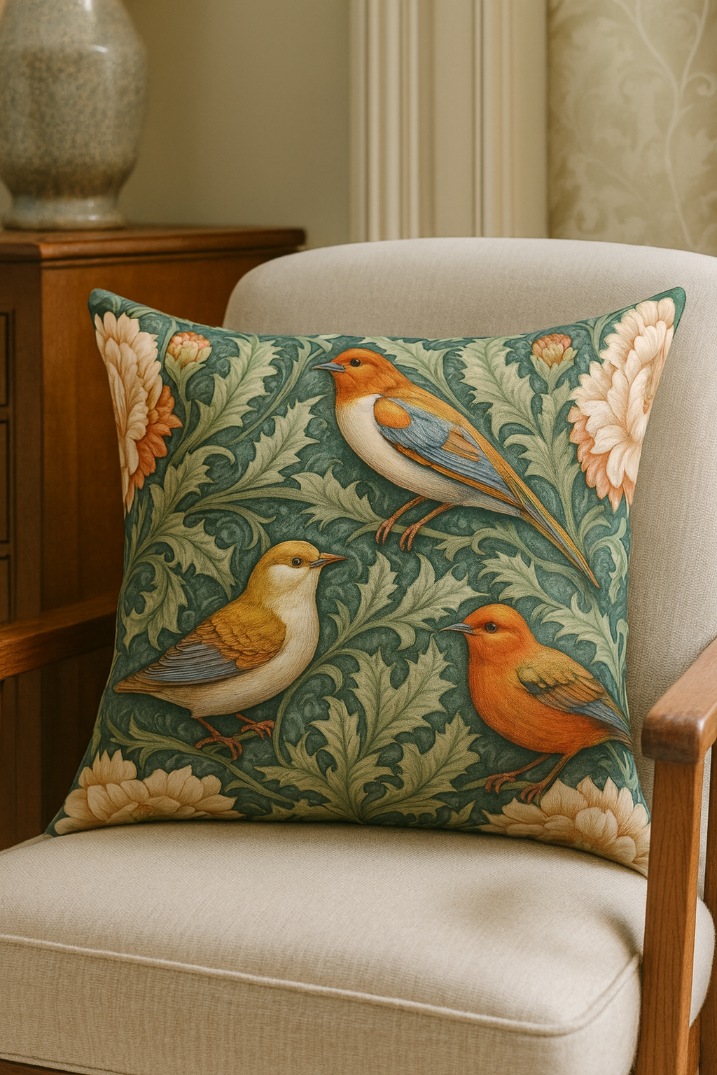 Upside Down Owl Farm - Wholesale Throw/Decorative Pillow - William Morris Inspired Birds, Floral Decorative Pillow0