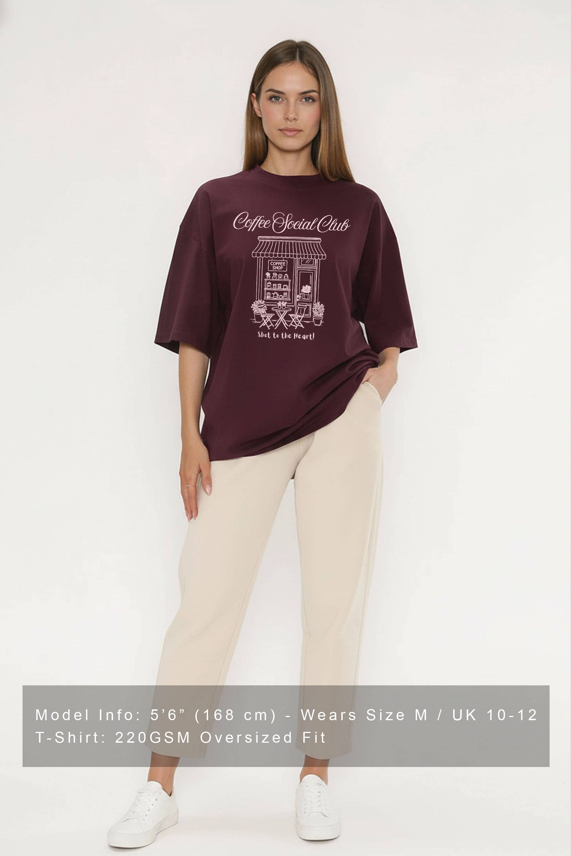 Dark Cherry 220GSM Oversized T-Shirt in Coffee Social Club Print for wholesale on Faire1