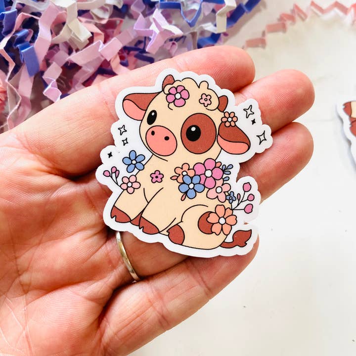 Cute Floral Cow Die Cut sticker for wholesale by Chapter & Ink