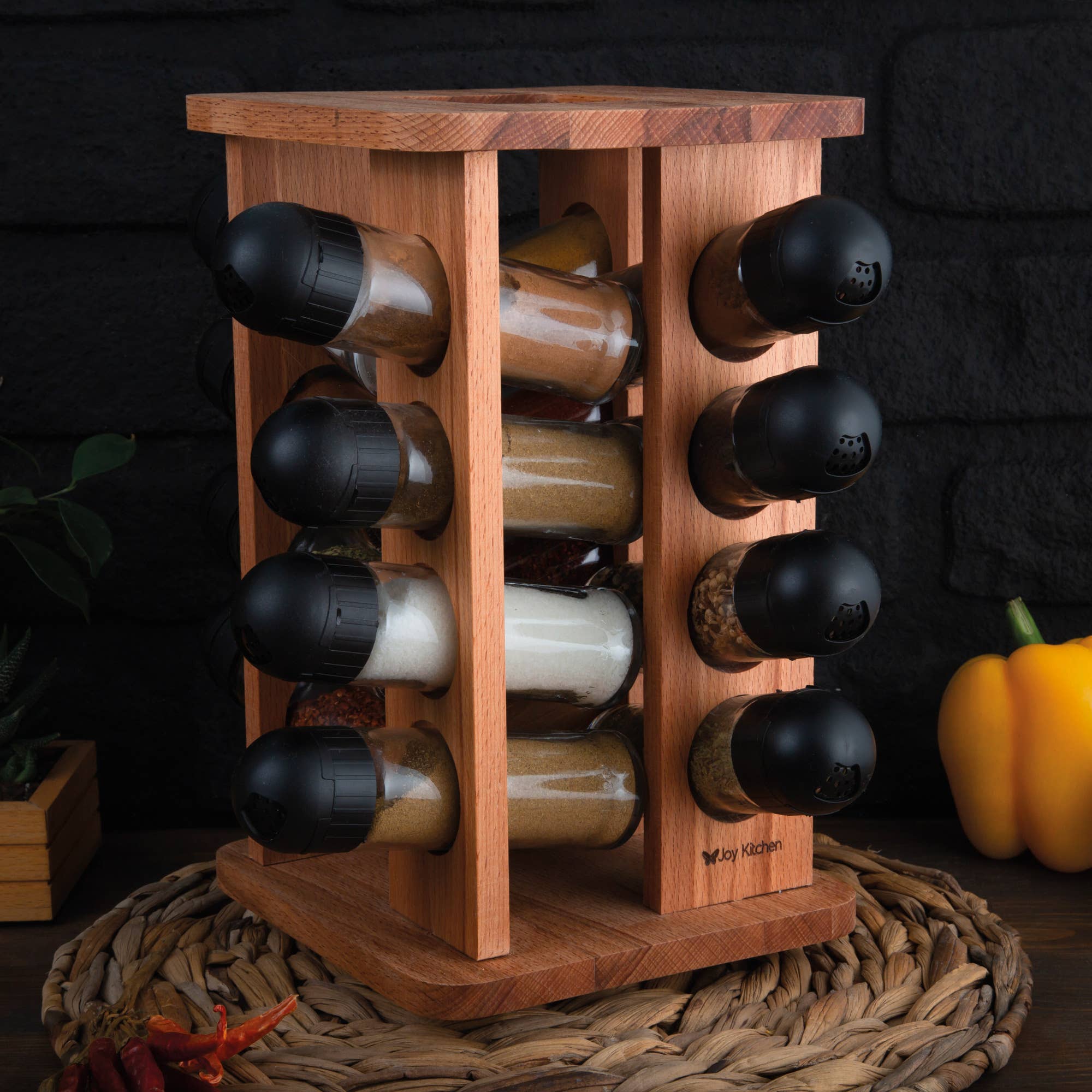 Joy Kitchen - Vendita all'ingrosso Portaspezie - Porta spezie girevole in legno con 16 barattoli in vetro1