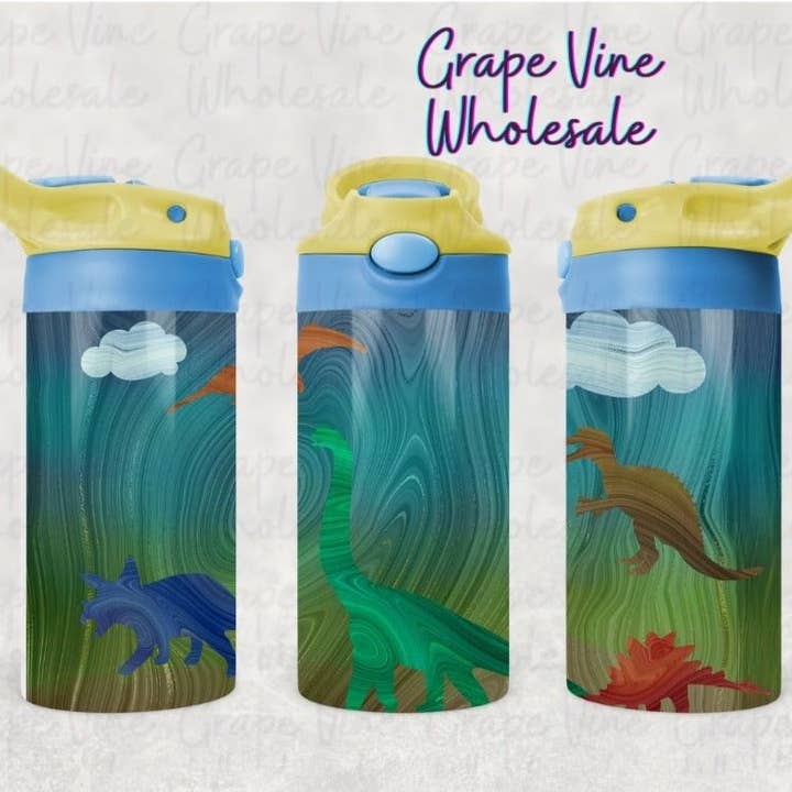 Woodgrain Dinos 12oz Flip-top Bottle Tumbler for wholesale by GrapeVineWholesale