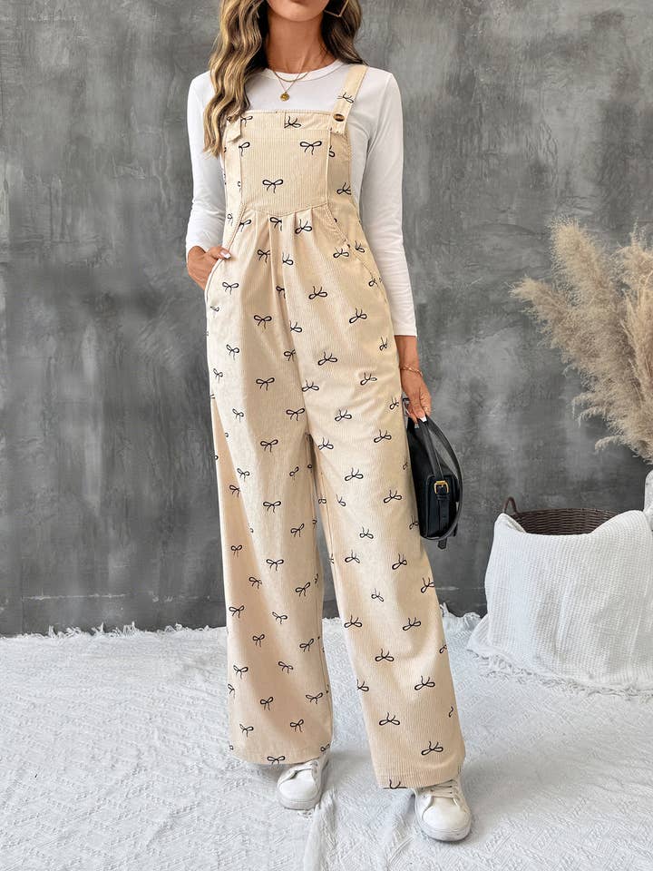 Wide Leg Corduroy Overalls with Bow Print Design for wholesale by Anna Kaci Wholesale