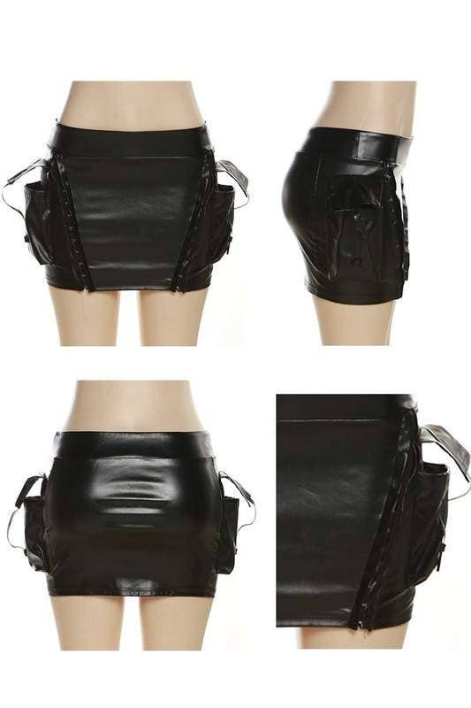 SCHWARZ Kunstleder-Top und Rock-Set für den Großhandel auf Faire4