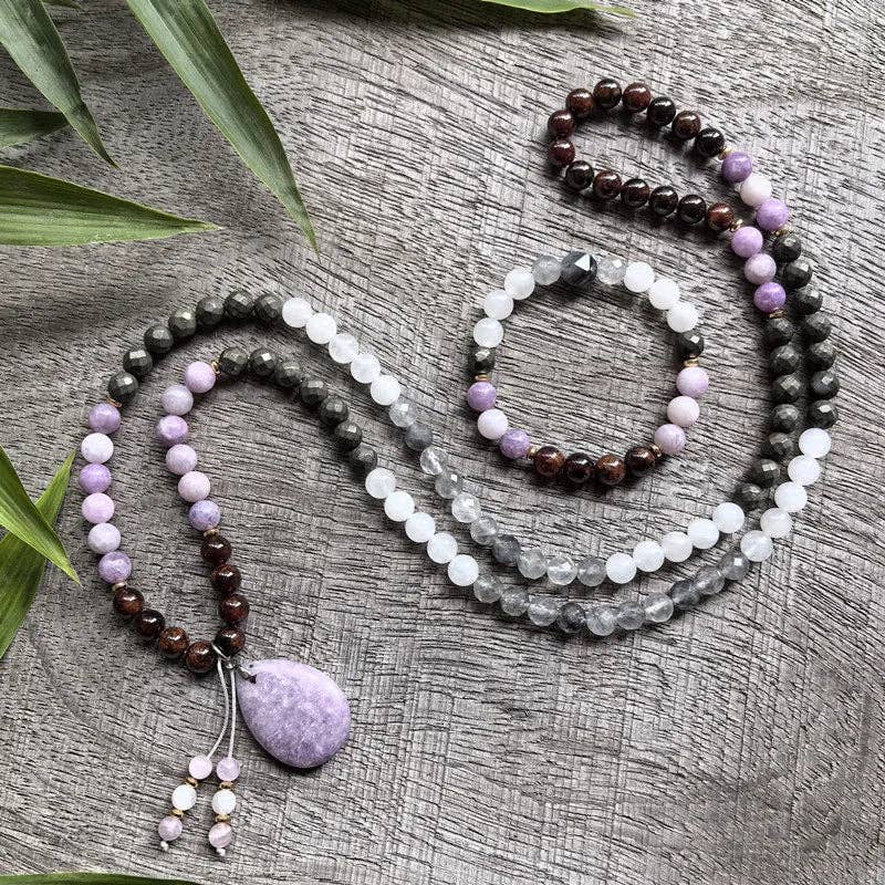 Harmony Mala - Wholesale Beaded/Pearl Necklace - Lepidolite, Pyrite, Gray Crystal, Garnet Mala Bead Necklace6