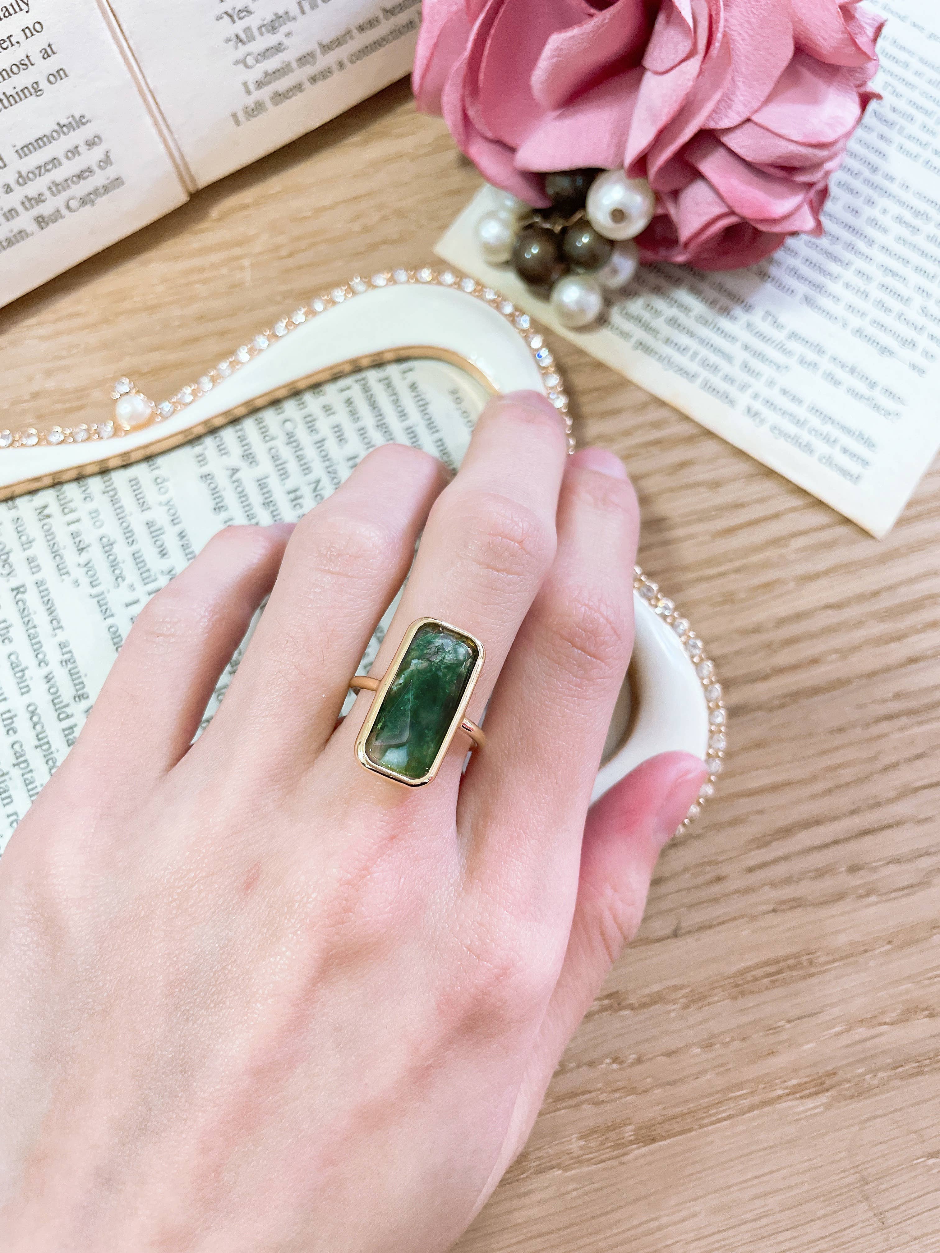 Zoey Simmons - Wholesale Cocktail/Statement Ring - Moss Agate Rectangle Ring - GF2