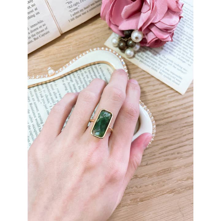 Zoey Simmons - Wholesale Cocktail/Statement Ring - Moss Agate Rectangle Ring - GF2