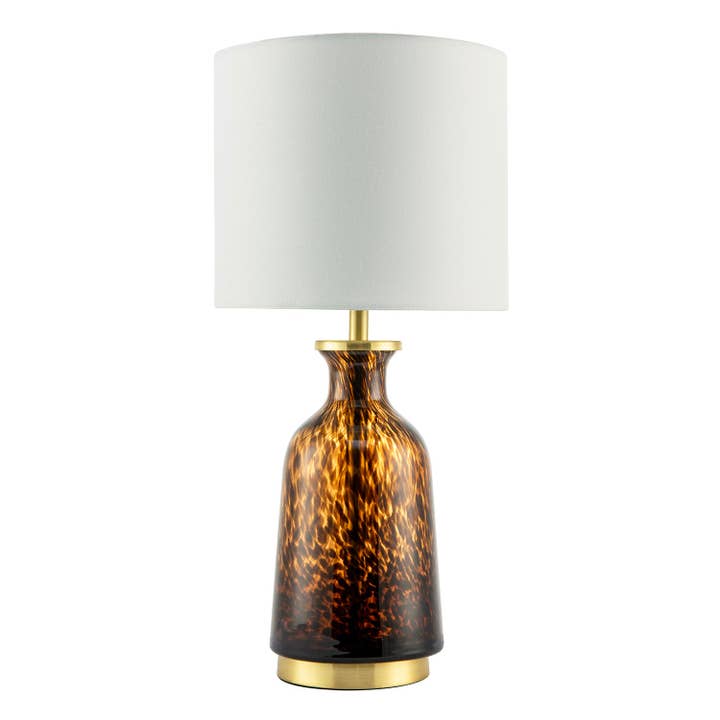 Moderne rav- og sort snefnugplettet glasbordlampe med skærm for engroshandel hos Happy Homewares