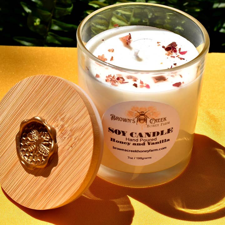 Brown's Creek Honey Farm – wholesale Jar/filled candle – Glass Jar Candle with Lid and Bee Wax Stamp