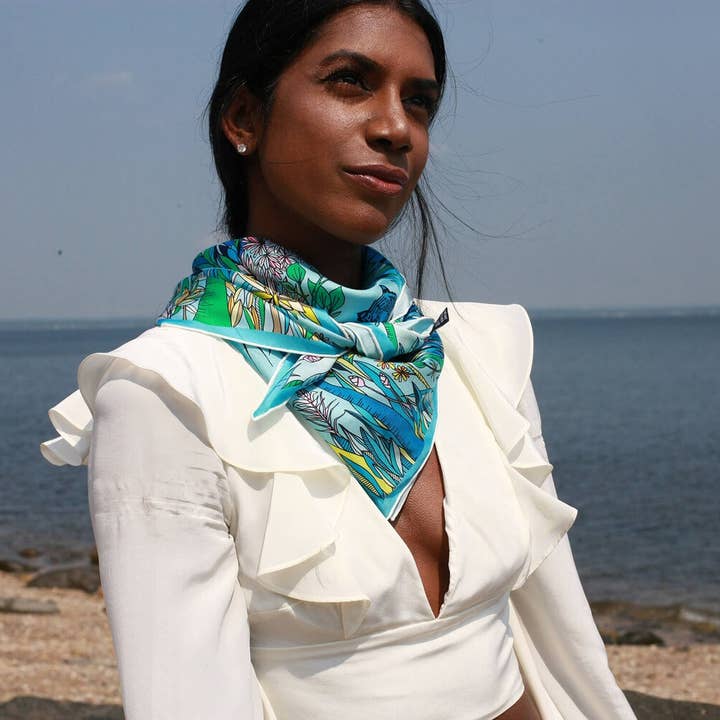 Jessie Zhao New York - Wholesale Scarf - Women's - Silk Scarf of Blue Animal Kingdom