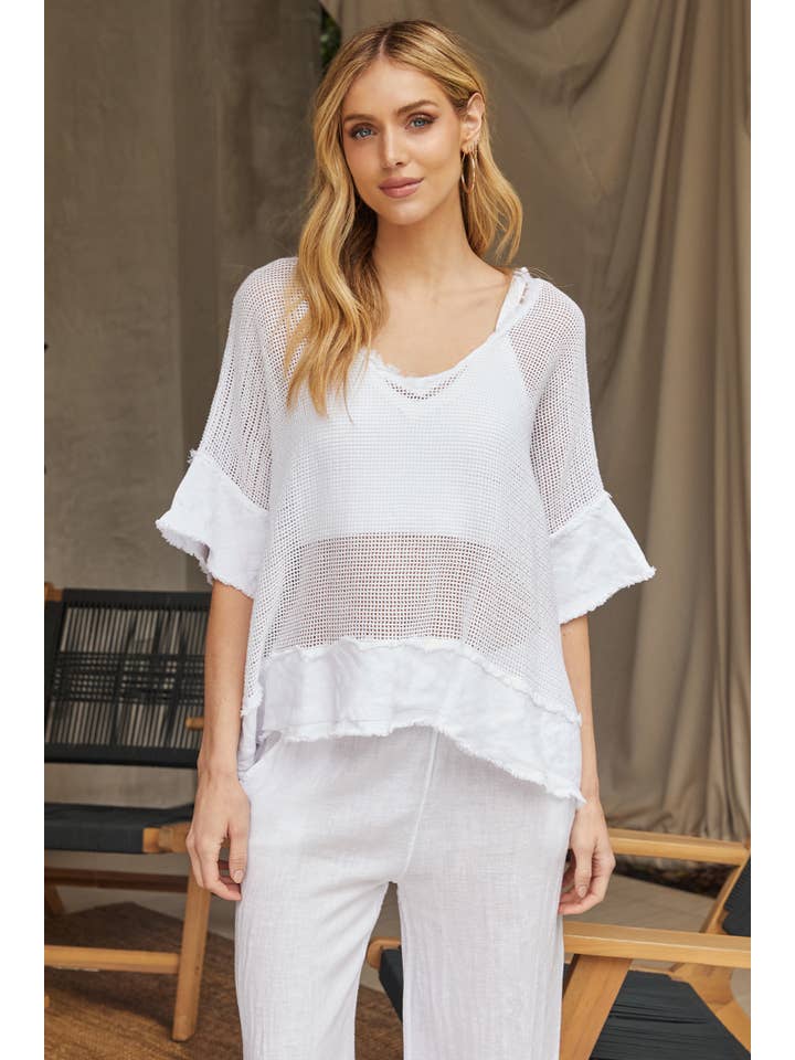 White COTTON MESH GRID SHORT SLEEVE TOP (12686/154109-WHITE) for wholesale on Faire