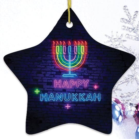 OrnamentallyYou - Wholesale Ornament - Neon Happy Hanukkah Ornament Retro Lights Menorah