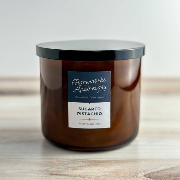 Flameworks Apothecary - Wholesale Jar/filled candle - Sugared Pistachio 17 oz Double Wick Amber Jar Candle