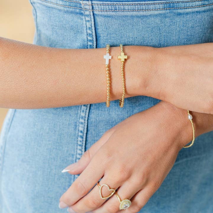 Splendid Iris - Wholesale Beaded Bracelet - 4mm Stretch Breaded Bracelet w/ Cross3