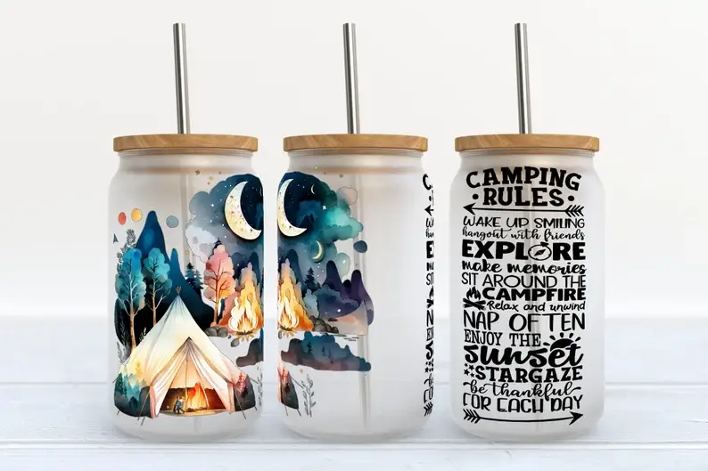 Kate Haven Glass Tumblers for Every Occasion - Wholesale Drinking Glass/Cup - Camping Rules 16oz Frosted Libbey Glass 0